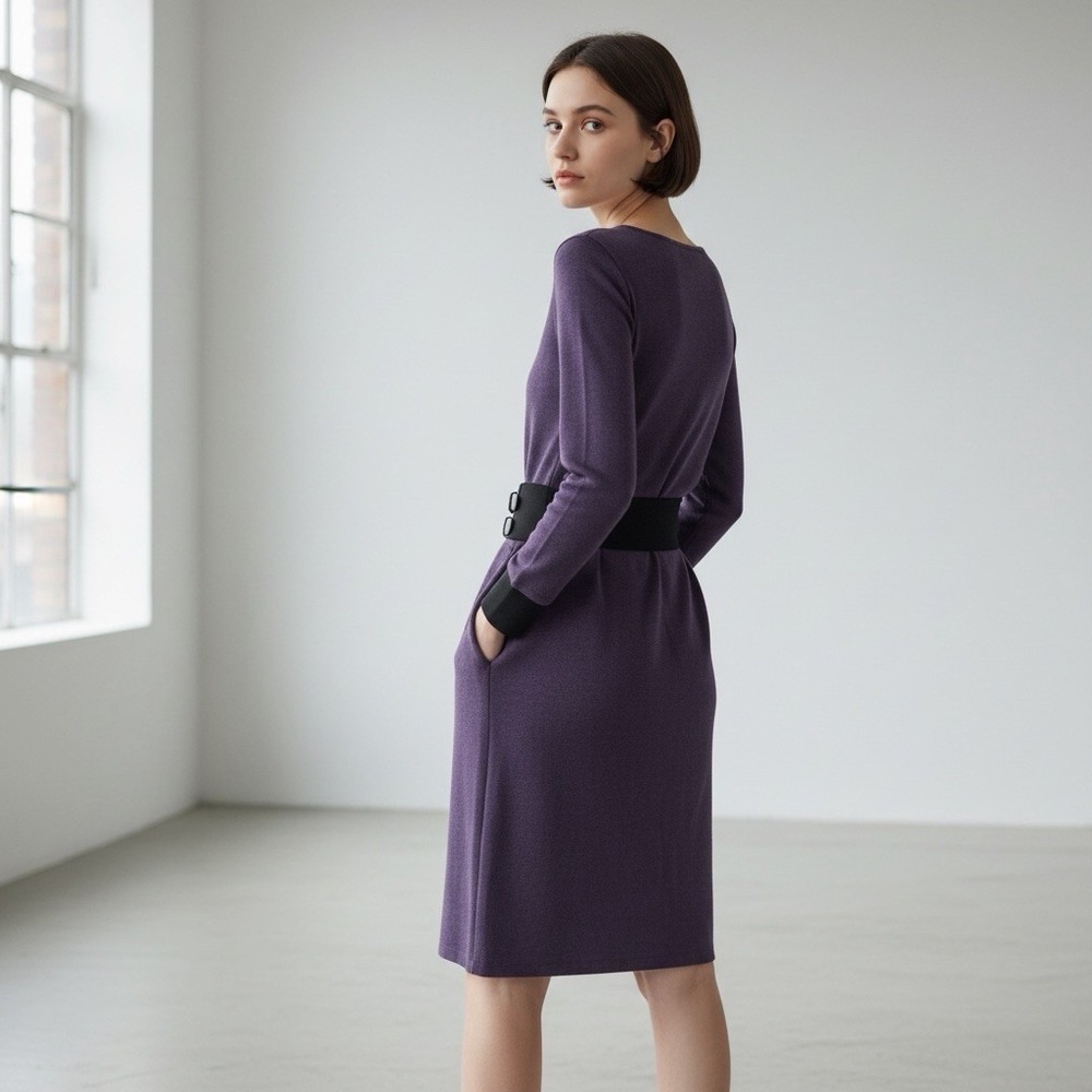 New York & Company Purple V-Neck Sweater Dress Long Sleeve Buckle Waist‎ XS